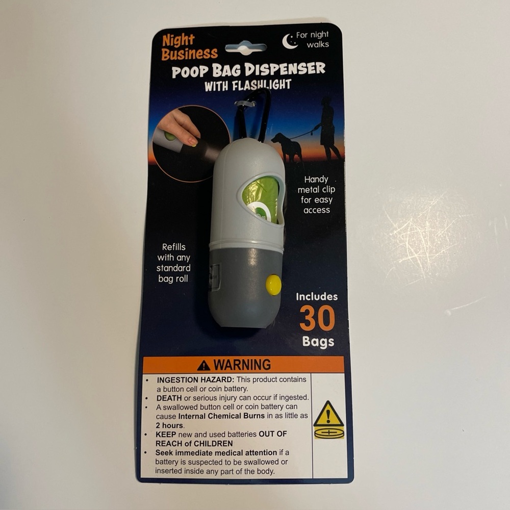 NIGHT BUSINESS Dog Poop 30-Bag Dispenser Built-in Flashlight & Metal Clip NEW